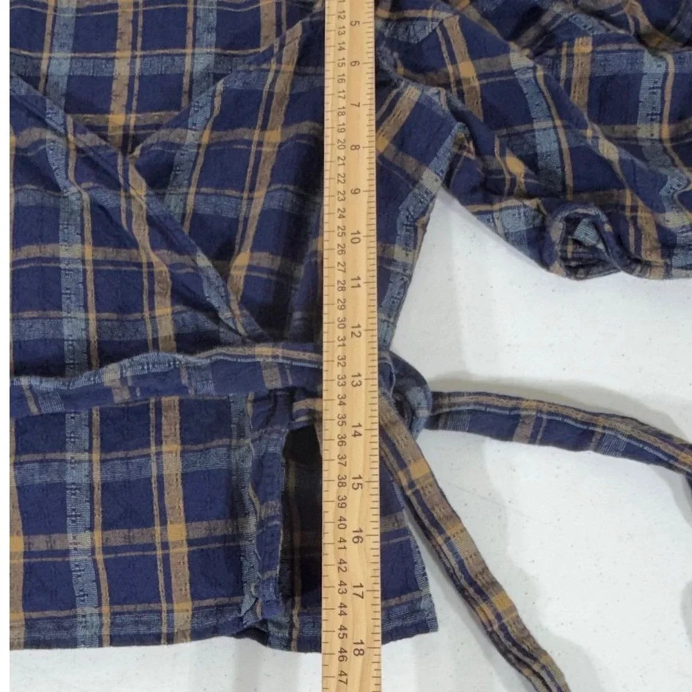 Madewell Sweetheart Wrap Top XS Blue Plaid Puff Sleeve‎ Cotton Dobby Textured